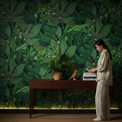 Deep Green Tropical Leaves Botanical Wallpaper