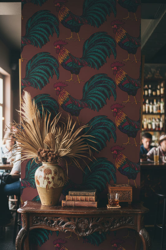 Deep Burgundy Rooster Pattern Wallpaper