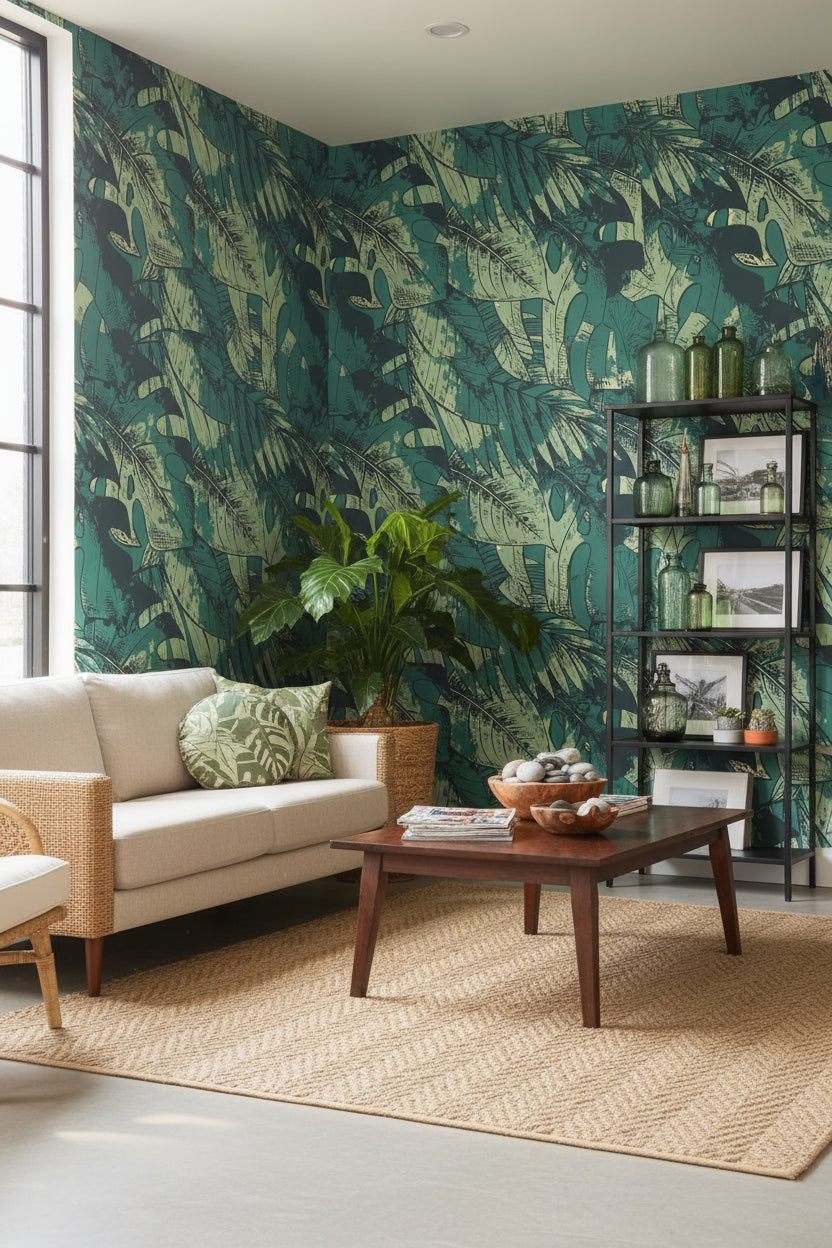 Teal Monstera Leaf Botanical Wallpaper