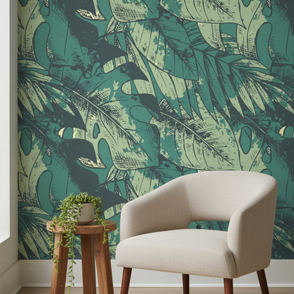 Teal Monstera Leaf Botanical Wallpaper