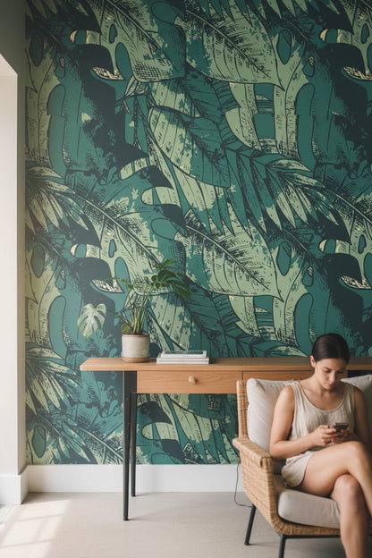Teal Monstera Leaf Botanical Wallpaper