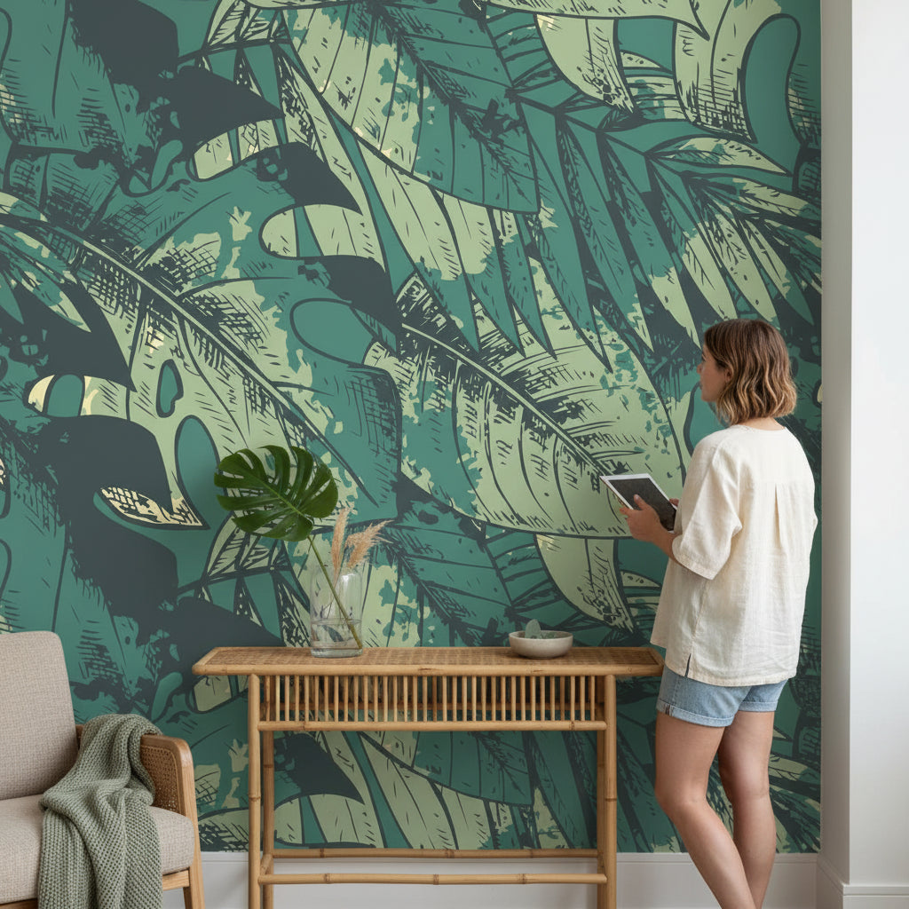 Teal Monstera Leaf Botanical Wallpaper