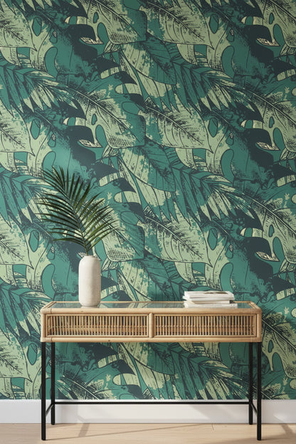 Teal Monstera Leaf Botanical Wallpaper