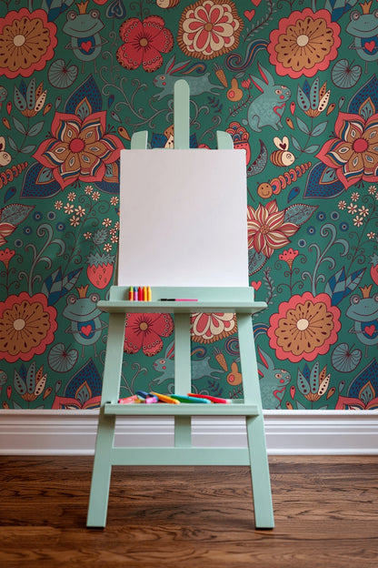 Teal Bohemian Jungle Animal and Floral Wallpaper