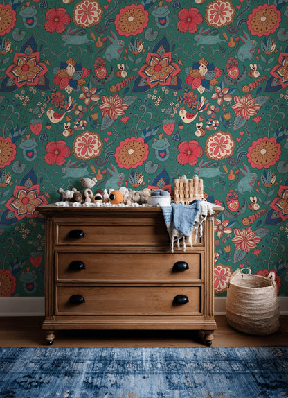 Teal Bohemian Jungle Animal and Floral Wallpaper