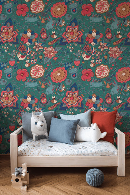 Teal Bohemian Jungle Animal and Floral Wallpaper
