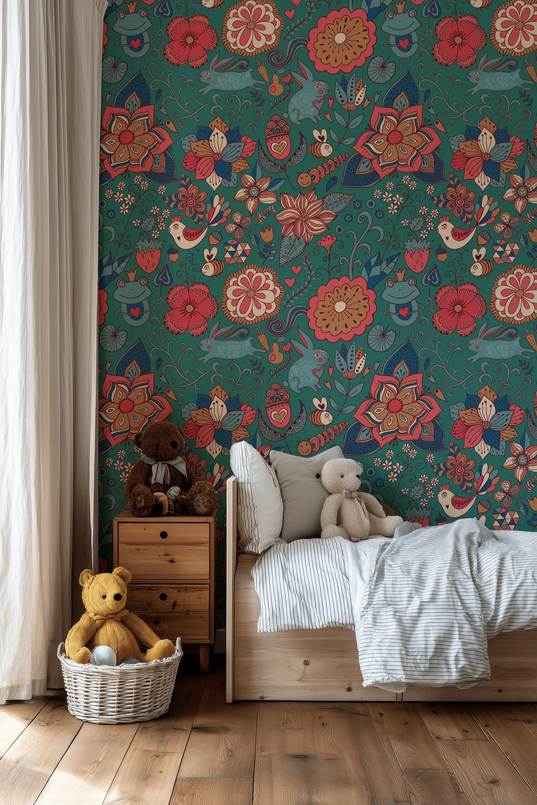 Teal Bohemian Jungle Animal and Floral Wallpaper
