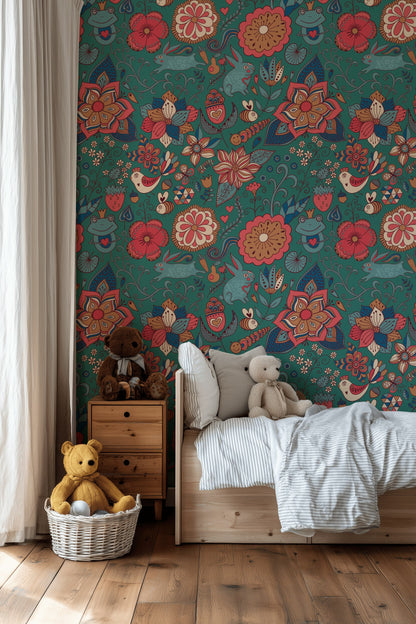 Teal Bohemian Jungle Animal and Floral Wallpaper