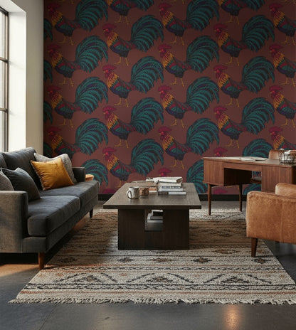Deep Burgundy Rooster Pattern Wallpaper