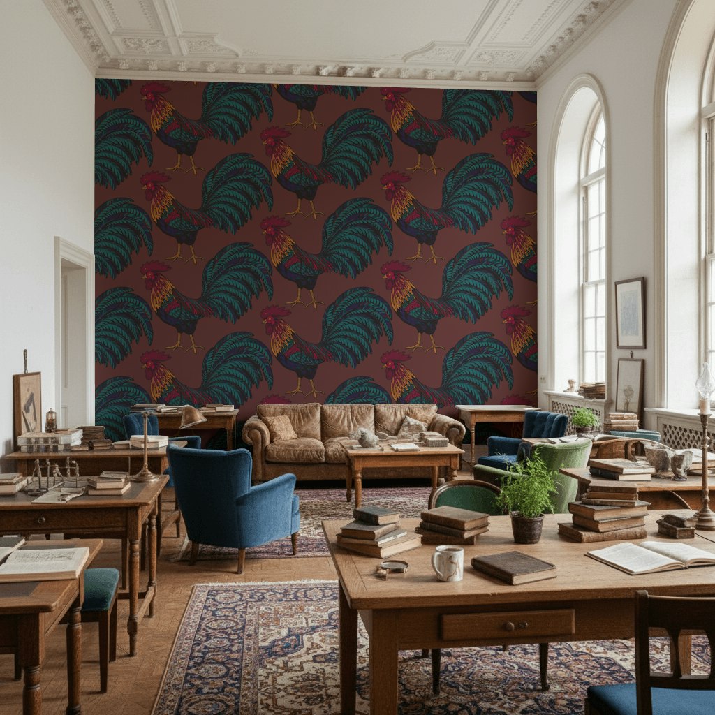 Deep Burgundy Rooster Pattern Wallpaper