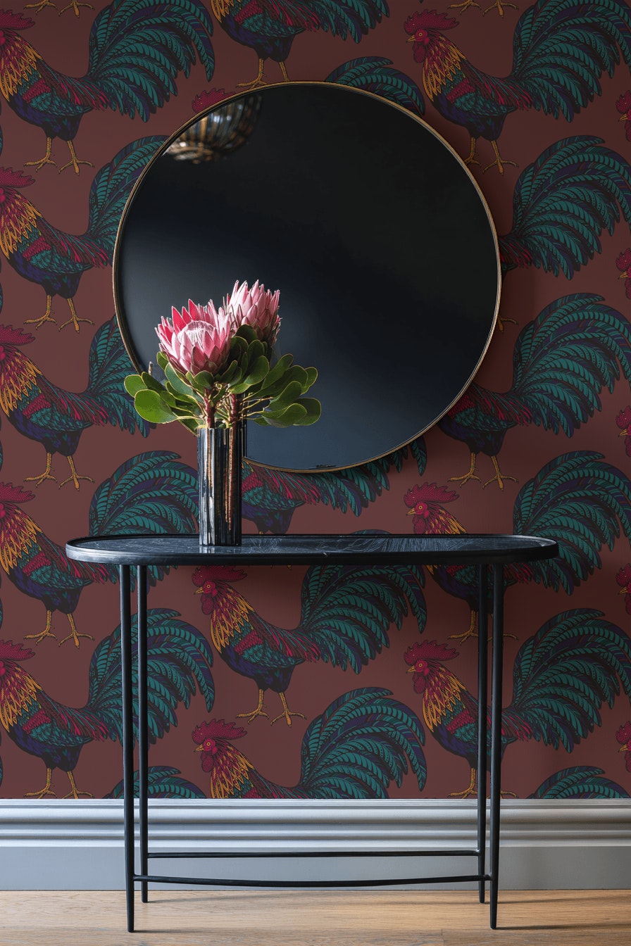 Deep Burgundy Rooster Pattern Wallpaper