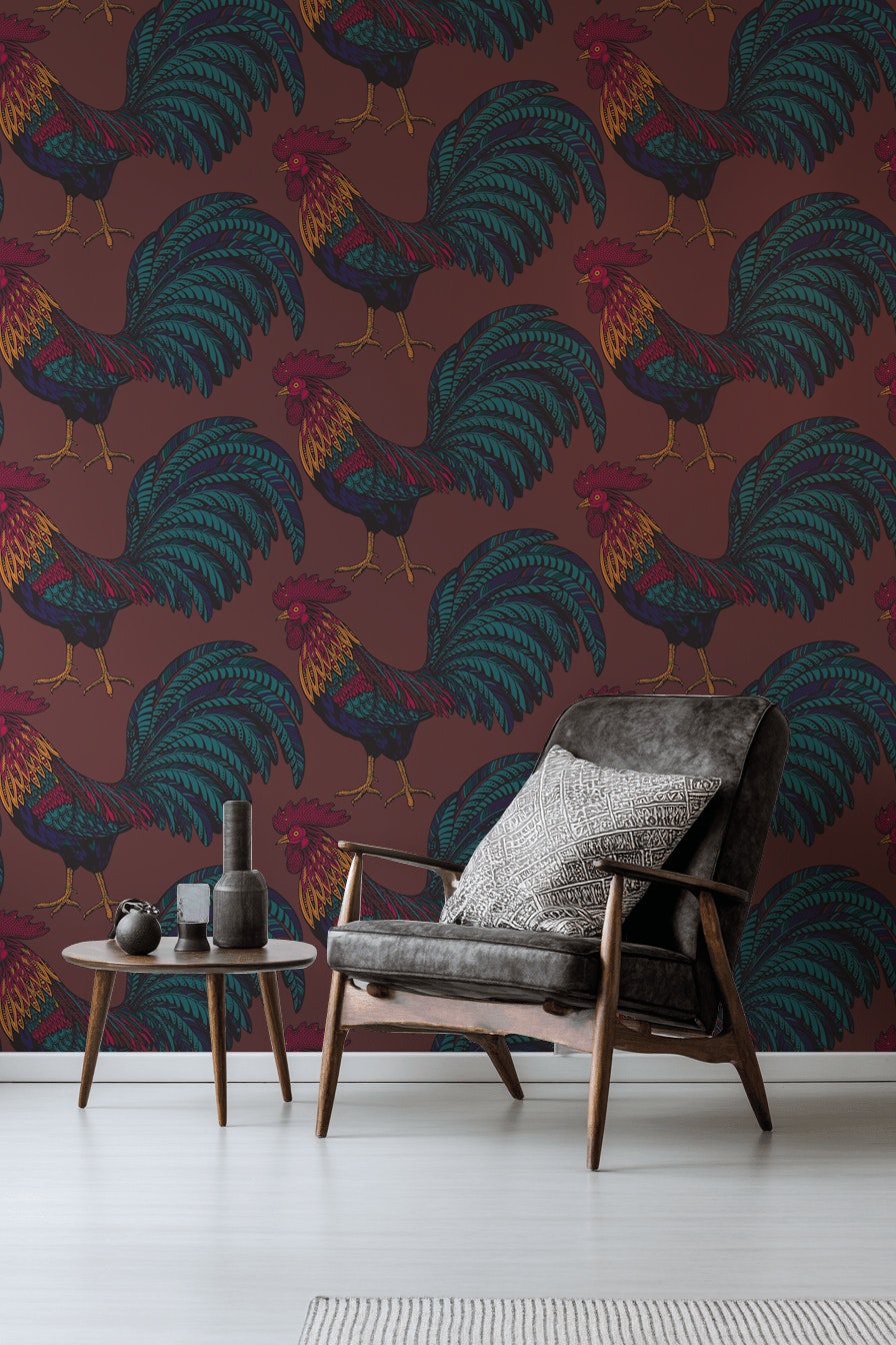 Deep Burgundy Rooster Pattern Wallpaper