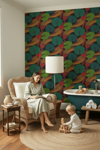 Bold Koi Fish and Lotus Leaf Wallpaper