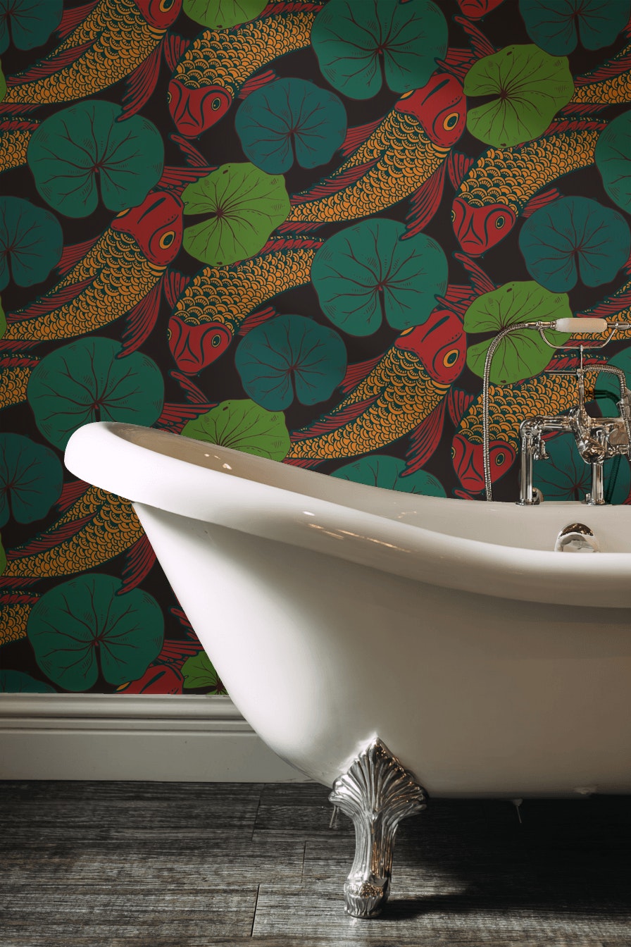 Bold Koi Fish and Lotus Leaf Wallpaper