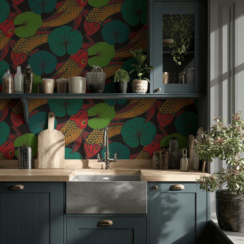 Bold Koi Fish and Lotus Leaf Wallpaper