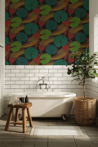 Bold Koi Fish and Lotus Leaf Wallpaper