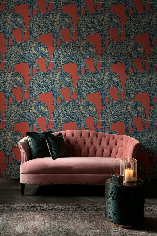 Terracotta and Blue Elephant Pattern Wallpaper