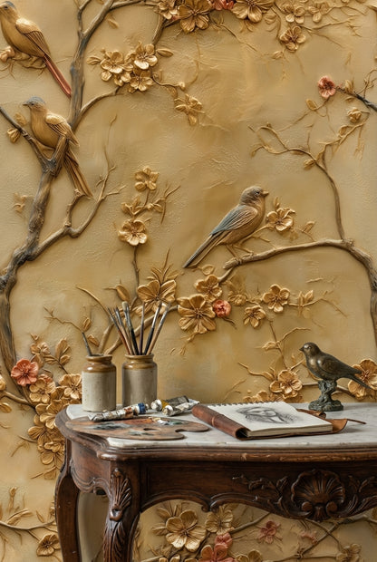 Golden Look Vintage Blossom and Bird Wallpaper