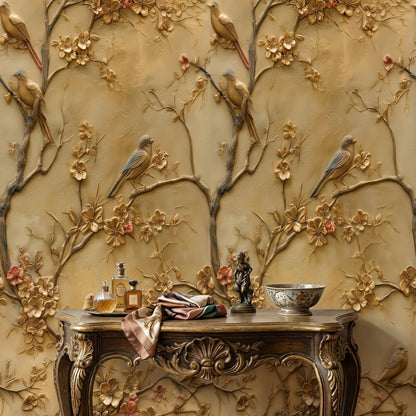 Golden Look Vintage Blossom and Bird Wallpaper