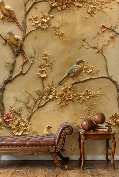 Golden Look Vintage Blossom and Bird Wallpaper