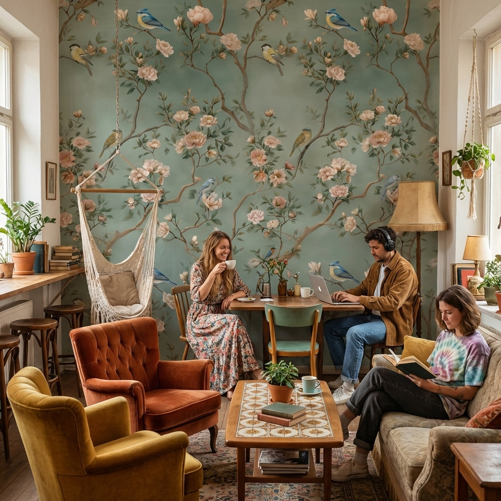 Sage Green Pastel Bird and Blossom Wallpaper