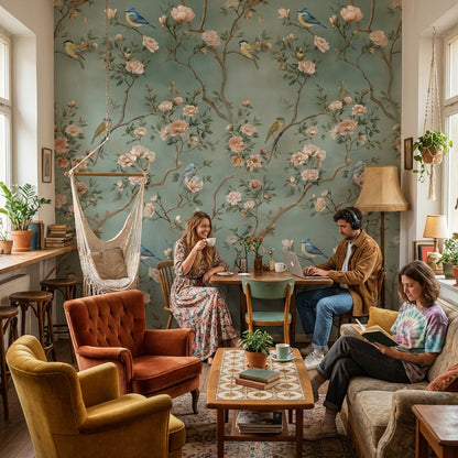 Sage Green Pastel Bird and Blossom Wallpaper