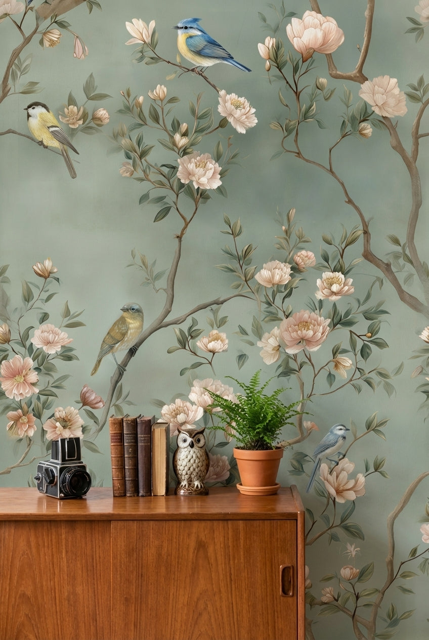 Sage Green Pastel Bird and Blossom Wallpaper