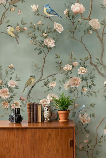 Sage Green Pastel Bird and Blossom Wallpaper