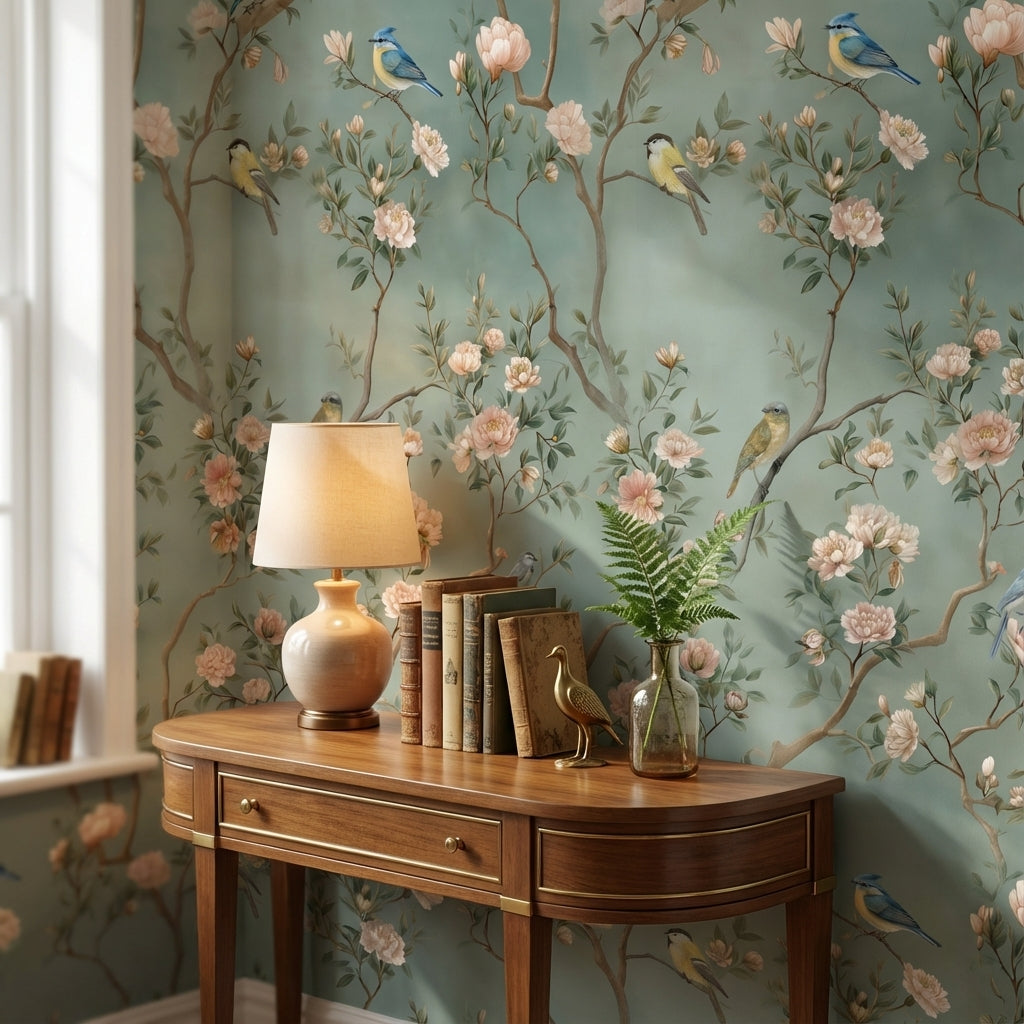 Sage Green Pastel Bird and Blossom Wallpaper
