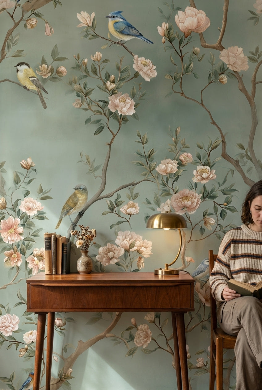 Sage Green Pastel Bird and Blossom Wallpaper