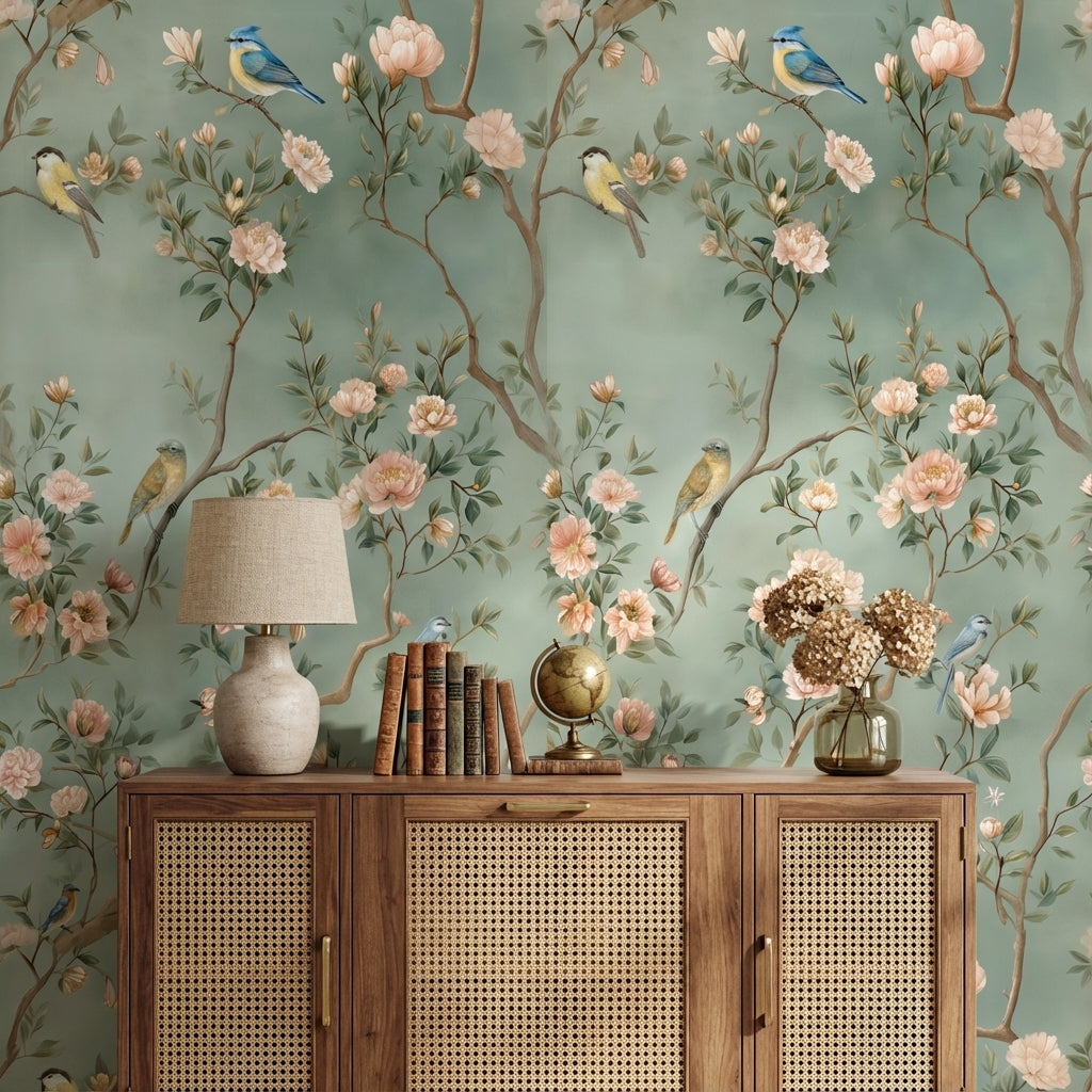 Sage Green Pastel Bird and Blossom Wallpaper
