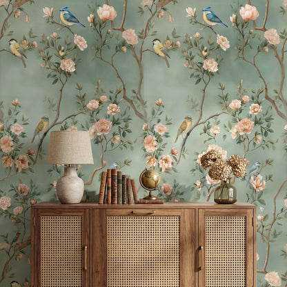 Sage Green Pastel Bird and Blossom Wallpaper