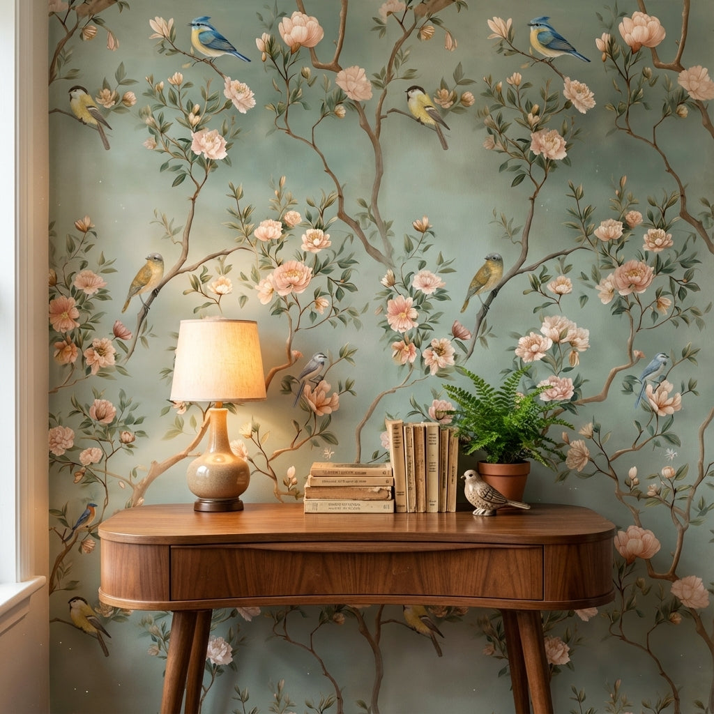 Sage Green Pastel Bird and Blossom Wallpaper