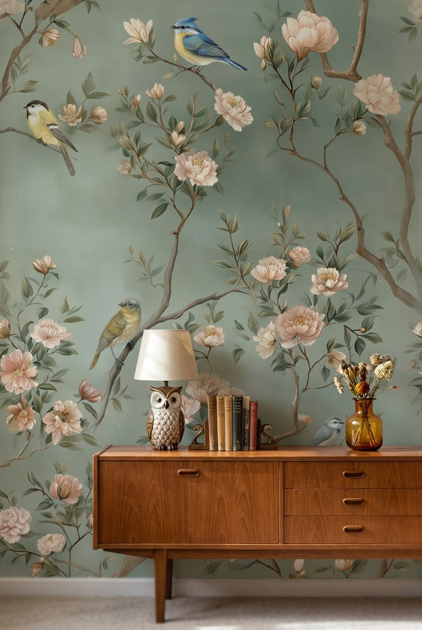 Sage Green Pastel Bird and Blossom Wallpaper