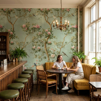 Sage Green Peony and Bird Vintage Wallpaper