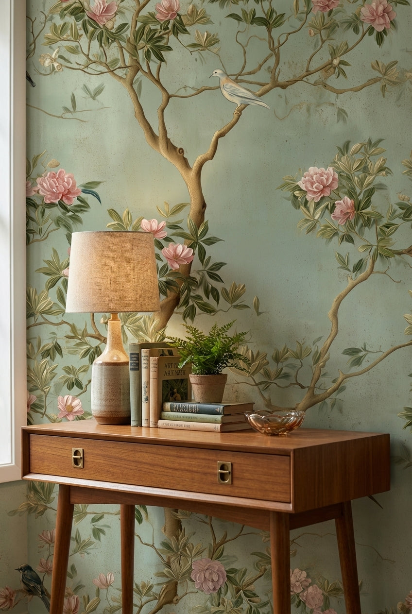 Sage Green Peony and Bird Vintage Wallpaper