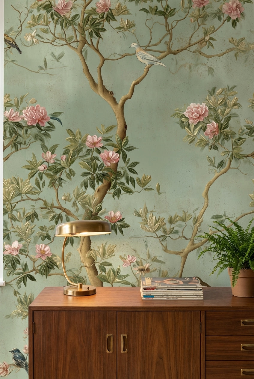 Sage Green Peony and Bird Vintage Wallpaper