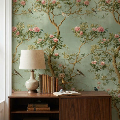 Sage Green Peony and Bird Vintage Wallpaper