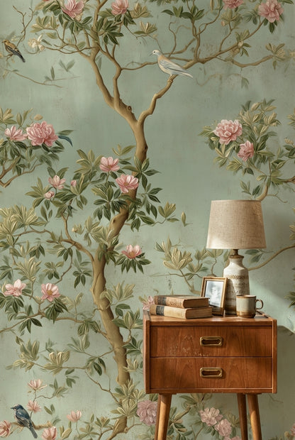 Sage Green Peony and Bird Vintage Wallpaper