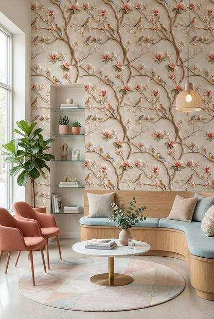 Cream Magnolia and Birds Floral Wallpaper