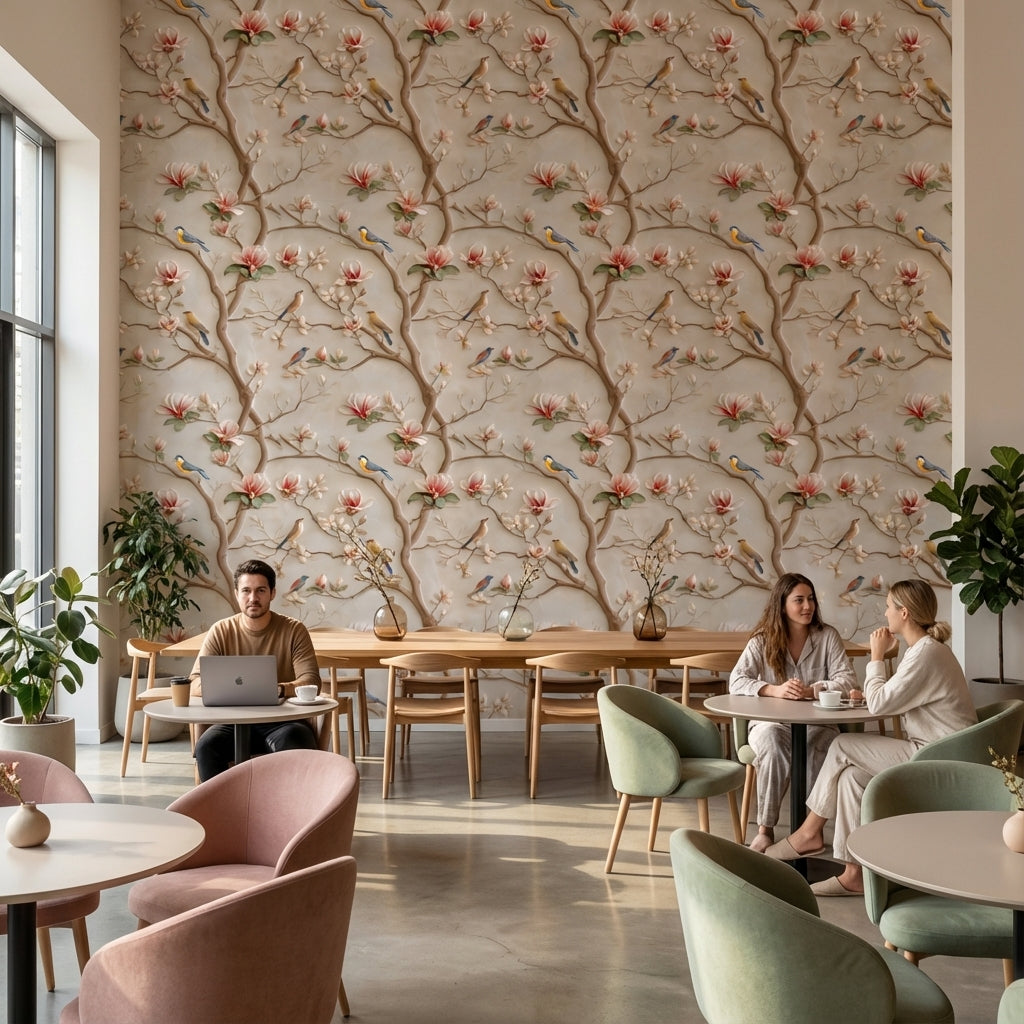 Cream Magnolia and Birds Floral Wallpaper