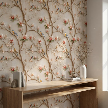 Cream Magnolia and Birds Floral Wallpaper