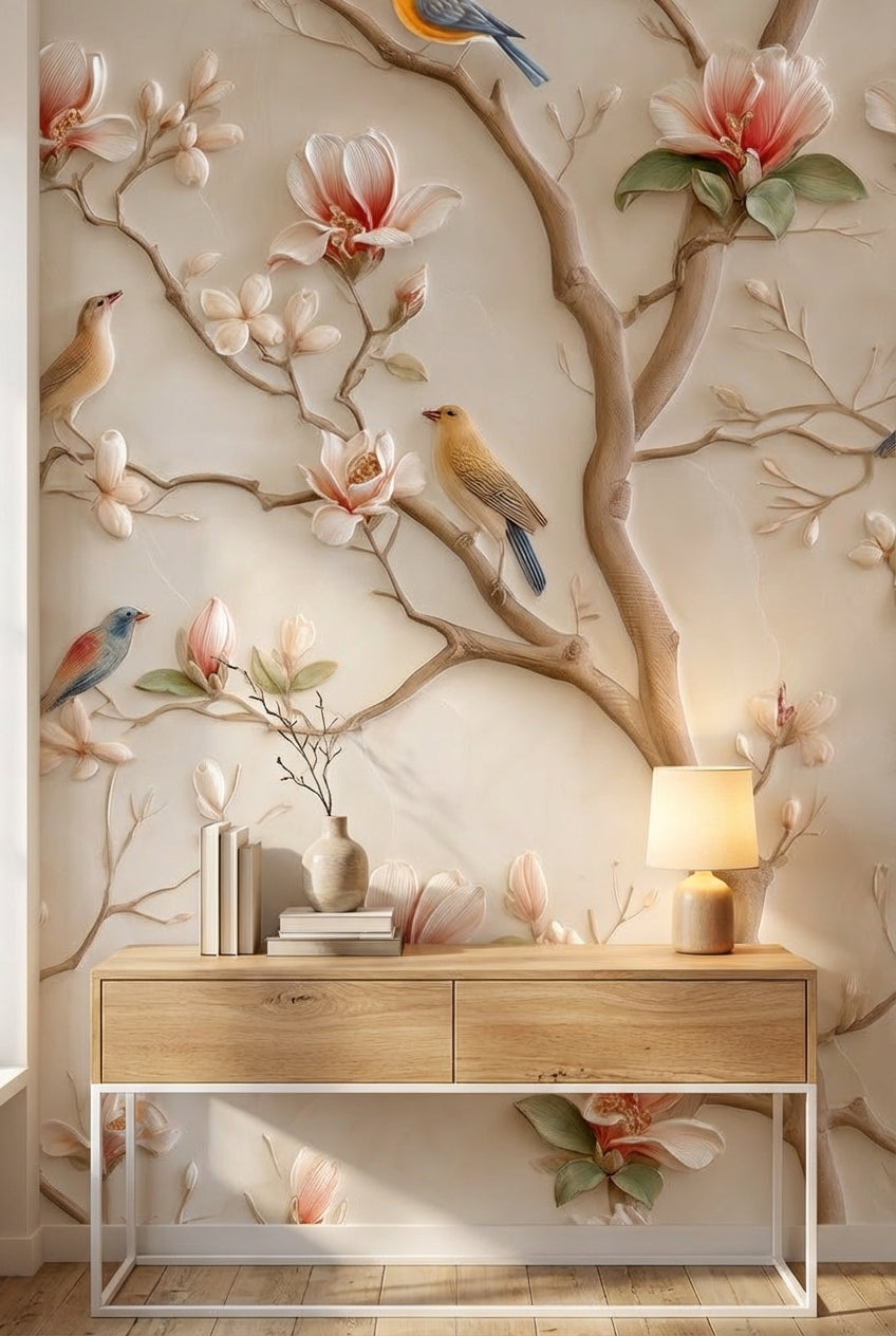 Cream Magnolia and Birds Floral Wallpaper