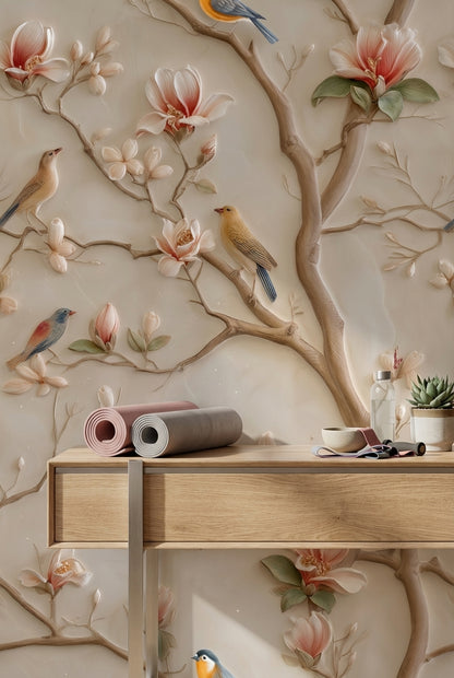 Cream Magnolia and Birds Floral Wallpaper