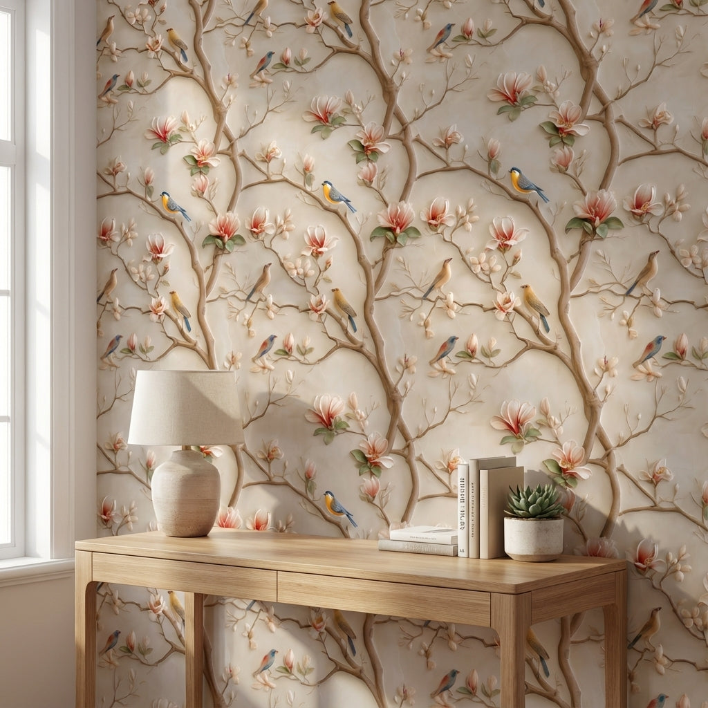 Cream Magnolia and Birds Floral Wallpaper