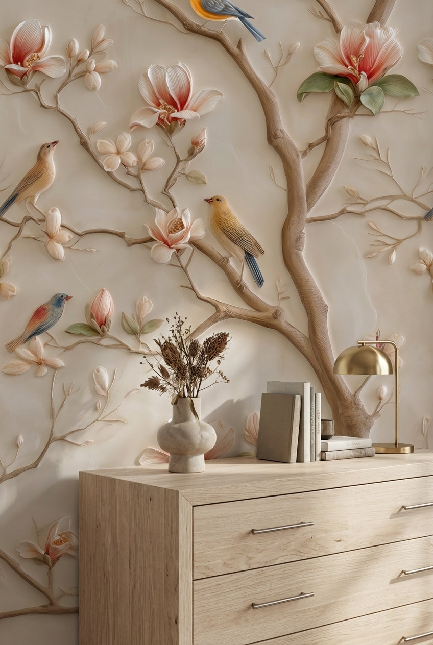 Cream Magnolia and Birds Floral Wallpaper