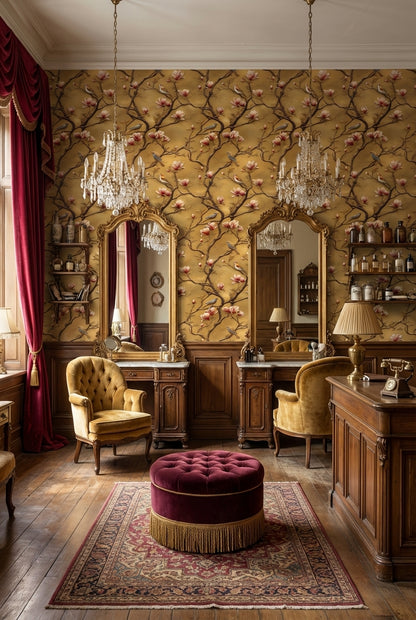 Golden Look Magnolia Branches with Birds Wallpaper