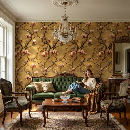 Golden Look Magnolia Branches with Birds Wallpaper