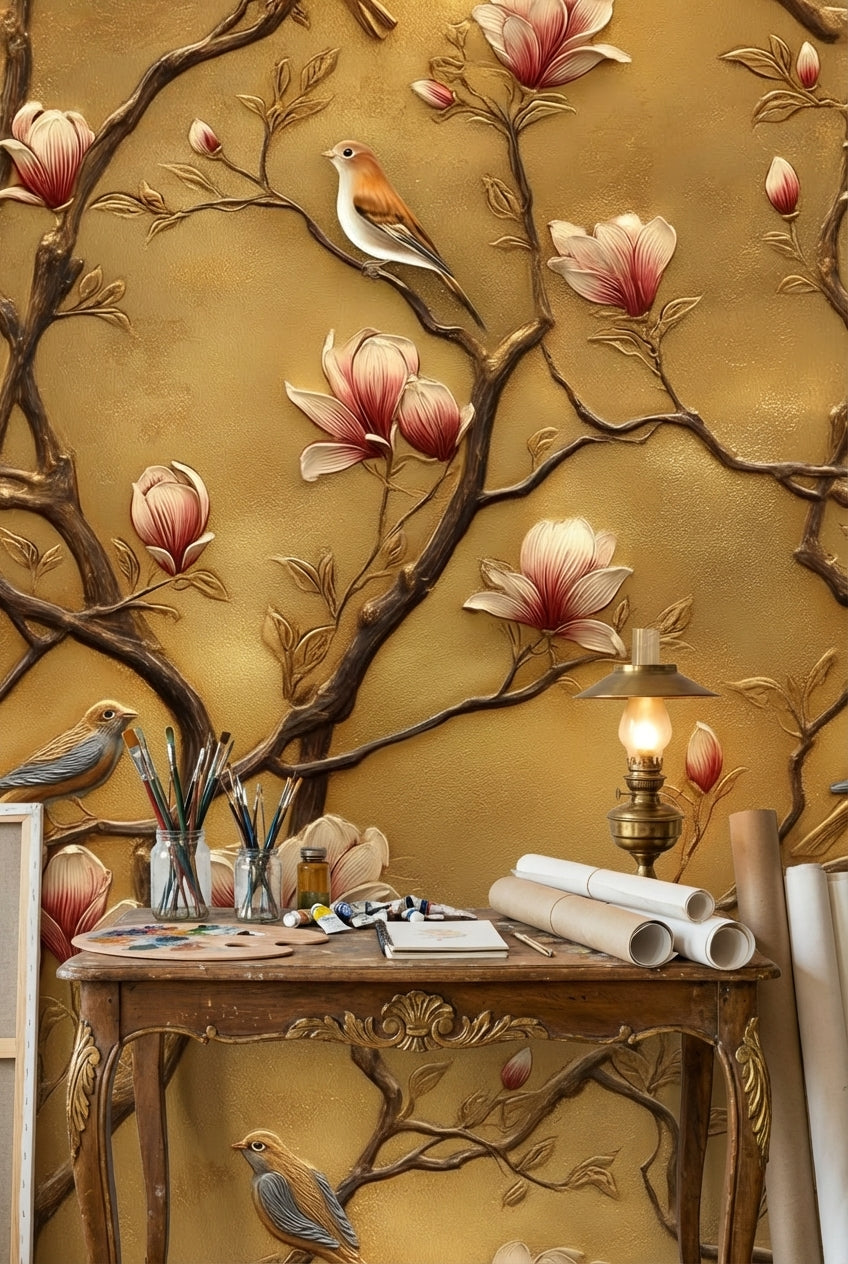 Golden Look Magnolia Branches with Birds Wallpaper