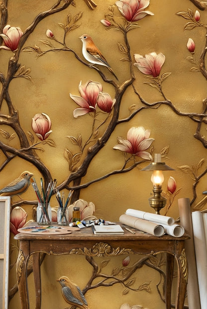 Golden Look Magnolia Branches with Birds Wallpaper
